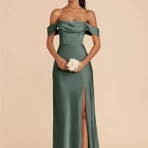 Birdy Grey Off-Shoulder MIA Dress in Eucalyptus (matte satin)